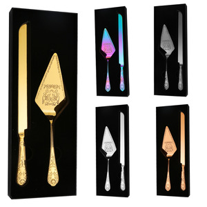 Spatula pisau kue pernikahan besi tahan karat emas mewah 18/10 Set 2 buah pisau pemotong kue piring Pie untuk tas OPP - Product Image 4