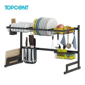 Topcent Rak Pengering Piring Stainless Steel, Rak Wastafel, Rak Atas Wastafel, Wadah Penyimpanan Dapur 2 Tingkat Dapat Disesuaikan