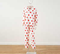Ensemble de pyjama en tricot Hacci à imprimé cœurs pour femme avec chouchou et faux col boutonné rouge, vêtements de nuit doux, vente en gros personnalisée