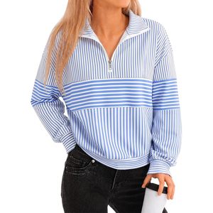 Sudadera Casual Oversize de Manga Larga con Cierre de Cremallera para Mujer, de Poliéster/Algodón, a Rayas, Estilo Jersey, Moda Otoño - Product Image 1