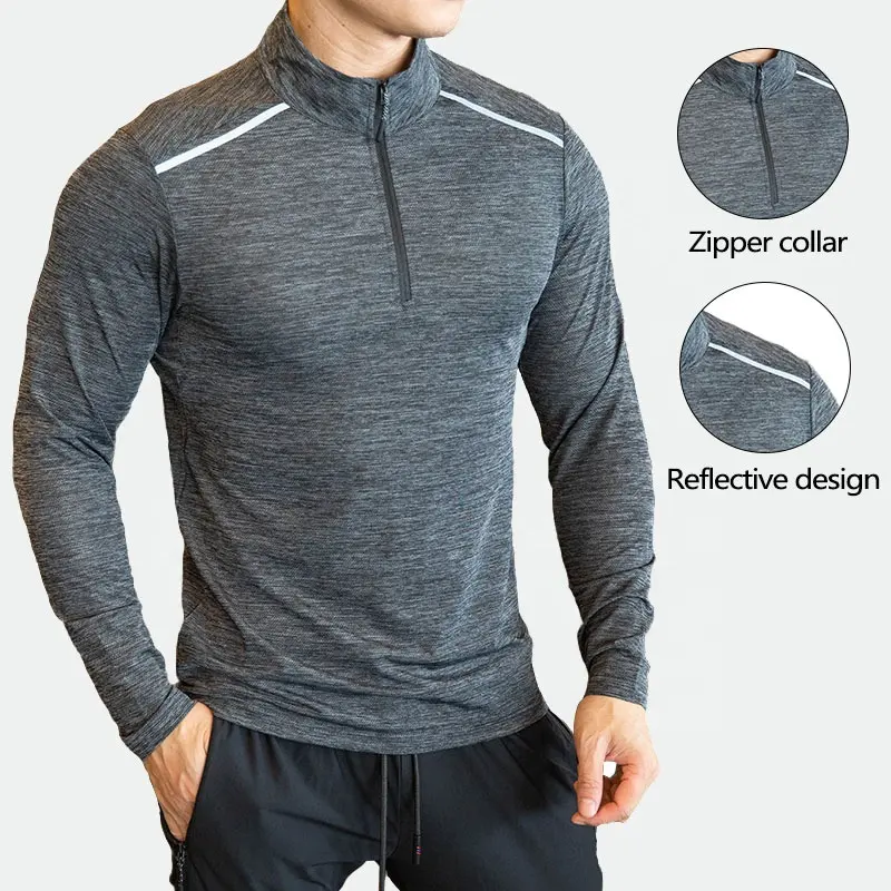 Sudadera deportiva lisa de manga larga con cremallera para hombre, camiseta con logotipo personalizado y rayas reflectantes, venta al por mayor de poliéster de secado rápido