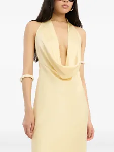 Vestido Largo de Satén Amarillo para Mujer 2026, Cuello Halter, Escote Profundo en V, Lazo en la Espalda, para Invitadas de Boda, Damas de Honor, Eventos Formales - Product Image 2