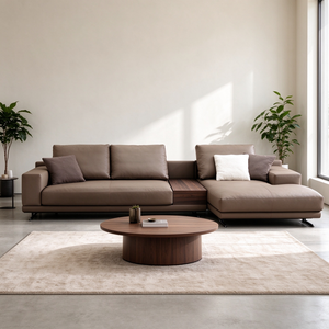 Canapé en cuir avec incrustations en bois, sectionnel en L, chaise longue, coussins de dossier amovibles, pieds métalliques fins, 2-3 places, moderne, pour salon, hôtel, villa - Product Image 3