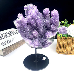 <span class=keywords><strong>Rare</strong></span> grappe d'améthyste naturelle Reiki pierre de guérison géode d'améthyste avec socle en métal pour la décoration - Product Image 2