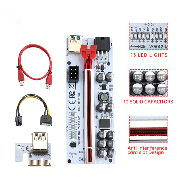 Gamshare Gold Plated VER 012 MAX PCI Express Graphics Card 6Pin Molex Powered USB 3.0 X1 X16 Extender Riser Card Black/Red Stock