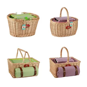 ZHIQUAN renkli hasır söğüt Rattan sepet Mini hediye satın kolu piknik sepet seti depolama sepeti soğutucu çanta 4