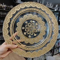 Assiettes de présentation en verre transparent de 13 pouces avec décorations dorées en relief pour la maison, l'hôtel et le restaurant