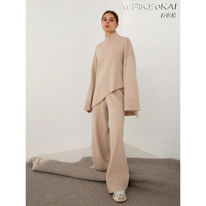 半高领毛衣针织阔腿裤两件套欧美2025年ins不规则斜边时尚 - Product Image 3