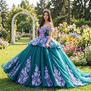 ชุดราตรีงาน Quinceanera รุ่น Xs300 สีเขียวอมฟ้า ดีไซน์หรูหรา คอร์เซ็ททรง Sweetheart ประดับดอกไม้ 3 มิติ แต่งเลื่อมระยิบระยับ ทรงบอลเดรส ช่วงเอวเป็นชั้นๆ ยี่ห้อ Jancember - Product Image 1