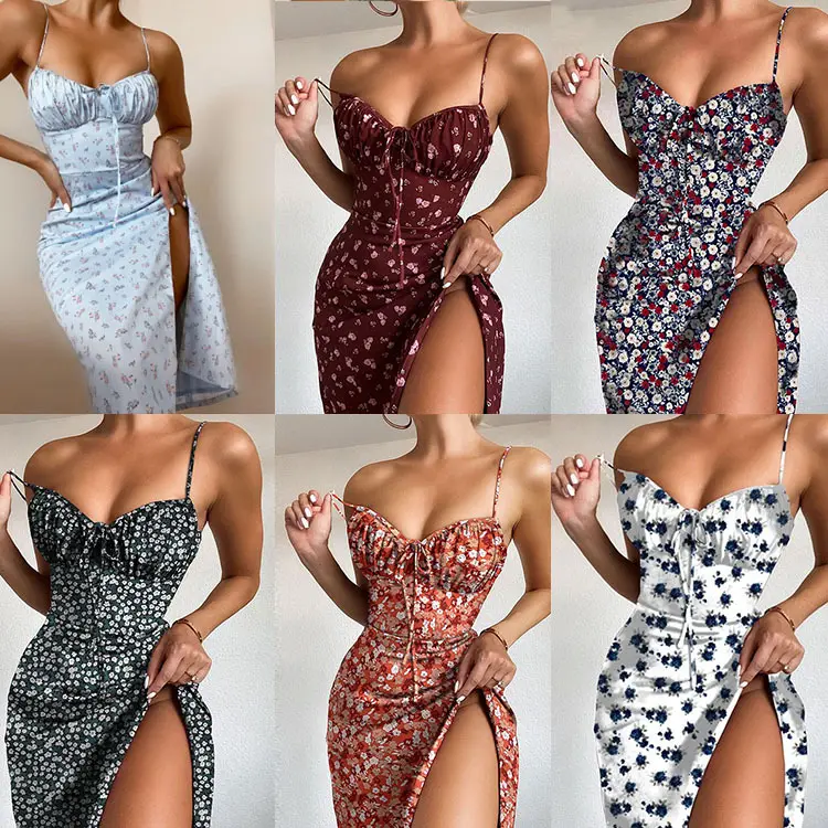 Casual Beach Sundress Women's Slip Dress Summer Vintage Backless Woman Dress Sleep Sexy Strap Sling Slit Floral Midi Dress