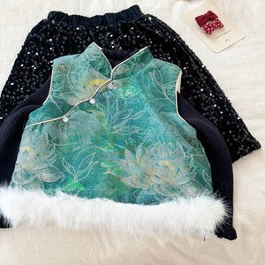 Tongxingyuan Girls Chinese Style Tang Suit Set Thickening Sequin Skirt With Fur Trim Party Wear - Product Image 3