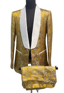 Abito da uomo di lusso in jacquard floreale dorato, smoking <span class=keywords><strong>bianco</strong></span> con risvolto a scialle in raso, 2 pezzi, per matrimoni, banchetti e spettacoli. - Product Image 5
