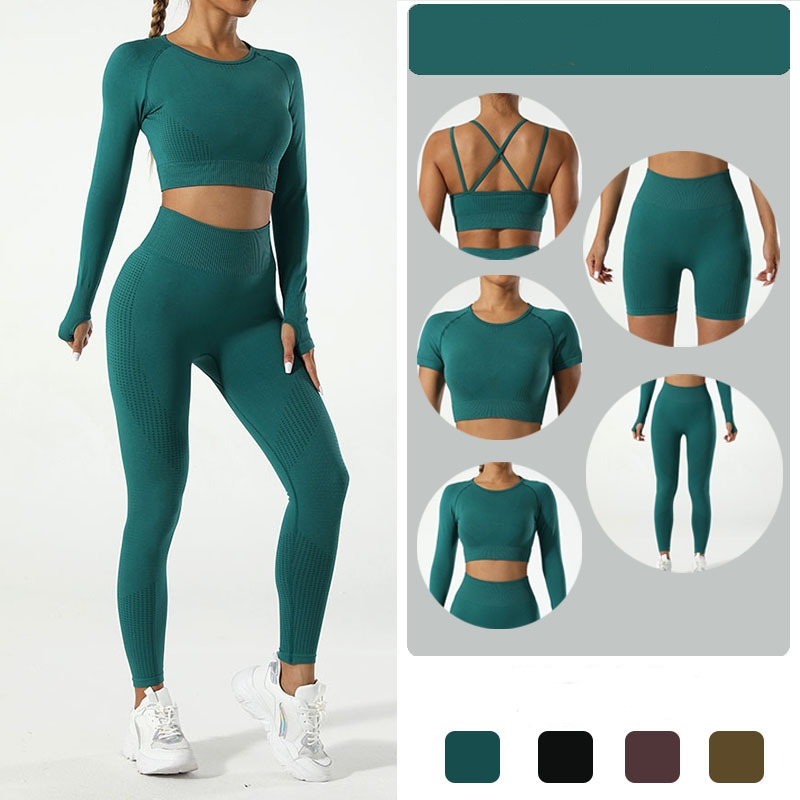 Neue Damen 5-teilig nahtlos aktives Tragen stretch Sport-BH Leggins Shorts Yoga-Sets atmungsaktiv Fitness-Tragen Sportbekleidung