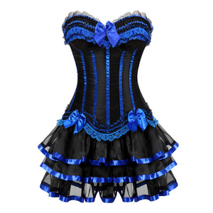 Robe corset sexy à rayures pour femmes, satin, nœud, dentelle, taille cintrée, bustier, lingerie, haut avec jupe tutu en maille, ensemble grande taille - Product Image 4