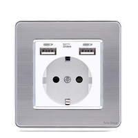 Interrupteur mural français standard 86 à 2 boutons, en verre et acier inoxydable brossé gris, avec panneau tactile, 16A Type C