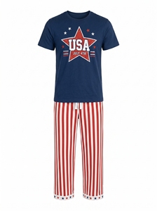 Pigiami Patriottici per la Famiglia per il 4 Luglio USA, Set Rosso <span class=keywords><strong>Bianco</strong></span> Blu con Stelle e Strisce, Abbigliamento da Notte Ecologico Primavera-Estate - Product Image 2