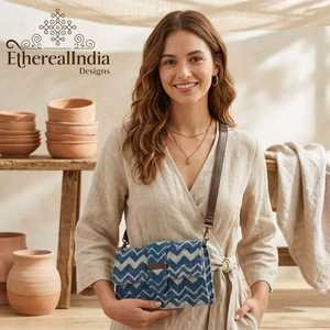 Clutch Azul Índigo, Tejido a Mano, con Diseño de Zig Zag, Estilo Bohemio, para Tablet y Portátil, con Correa de Cuero, Ideal para Regalo - Product Image 6