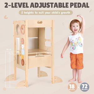 Tour d'apprentissage pliable <span class=keywords><strong>4</strong></span>-en-1 Tabouret d'aide à la cuisine pour tout-petits avec tableau noir Tour Montessori en <span class=keywords><strong>bois</strong></span> pour 1 à 6 ans - Product Image 3
