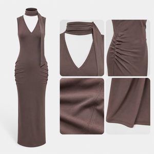 Robe longue moulante marron moka personnalisée pour <span class=keywords><strong>femme</strong></span>, sans manches, col en V, tricotée froncée, pour soirée cocktail, avec logo personnalisé, vêtements pour <span class=keywords><strong>femme</strong></span> - Product Image 3