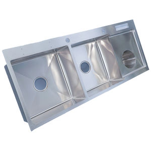 Évier en acier inoxydable à double cuvette fait à la main avec égouttoir et trou à ordures à double trou - Product Image 3