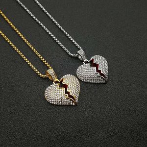 Collier pendentif cœur brisé Hip Hop en acier inoxydable, micro-incrustation de diamants, bijou cadeau à thème colle rouge - Product Image 2