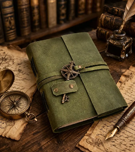 Classic Handmade Green Leather Vintage Green Leather Journal Compass Charm, Handmade Paper <b>Diary</b>, Travel <b>Notebooks</b> - Product Image 2