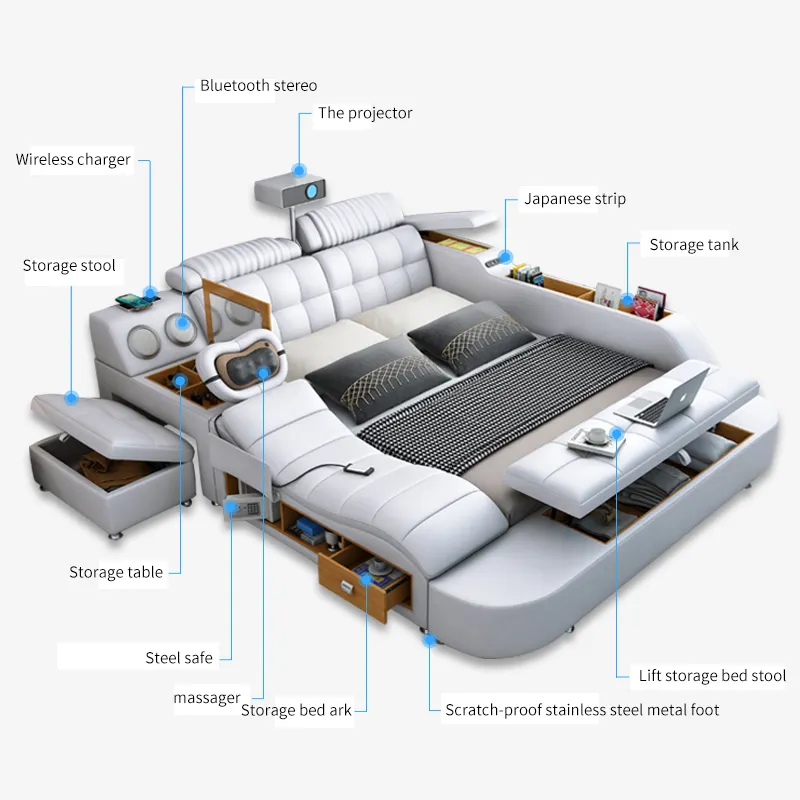 Cama inteligente com projetor, caixa de som moderna multifucção para música, cama inteligente, com bioscópios, mobiliário e quarto