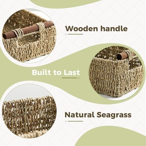 ตะกร้าเก็บของจากหญ้าทะเลสำหรับจัดระเบียบตะกร้าสานมือ ตะกร้าหวายธรรมชาติขนาดใหญ่ทรงสี่เหลี่ยมพร้อมหูจับไม้ - Product Image 3