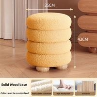 OEM Pouf empilable en tissu Teddy crème, avec pieds en bois massif, assise ronde rembourrée et douce, pour coiffeuse et salon