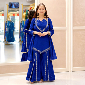 <b>Women</b> Royal Blue Embroidered Straight <b>Kurta</b> Palazzo Suit Set With Dupatta - Product Image 1