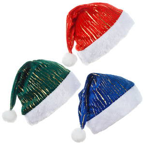 Nuova Decorazione Natalizia, Cappello di Natale in Peluche Corto <span class=keywords><strong>Rosso</strong></span>, Verde e Blu con Bordi Dorati in Rilievo - Product Image 1