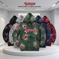 Sweat à capuche zippé personnalisé OEM, délavé à l'acide, épais, avec motif graphique effet peinture pulvérisée, style grunge streetwear