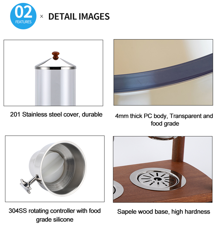 Sapele wooden block restaurant tabletop round steel acrylic plastic triple dry food dispenser cereal