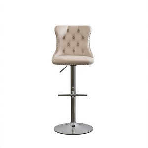 Tabouret de bar moderne rembourré avec base chromée, hauteur réglable de 25 à 33 pouces, pivotant avec dossier pour bar à domicile - Product Image 1