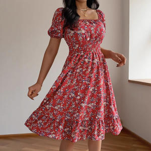 Collection Printemps/Été Robe mi-<span class=keywords><strong>longue</strong></span> trapèze à imprimé floral, col <span class=keywords><strong>carré</strong></span>, taille nouée, manches courtes et ourlet à volants, coupe pour la vie quotidienne - Product Image 3