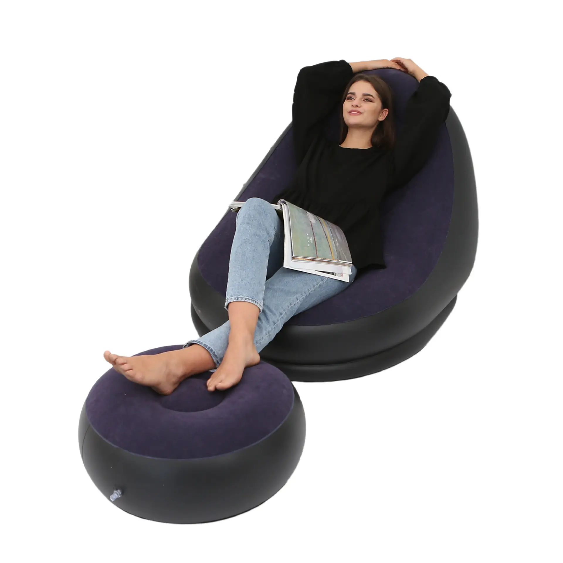 Wholesale custom inflatable flocking sofa chair inflatable comfortable air sofa inflatable lazy sofa with foot cushion