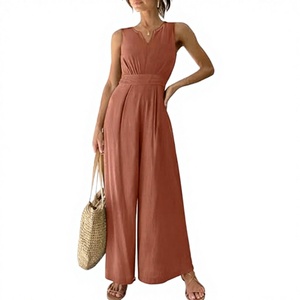 Women High Waist Sleeveless V-neck Chiffon Jumpsuit Solid Color Loose Full Length Casual Spring Summer Breathable Woven Dress - Product Image 3