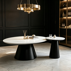 Ensemble de table à manger ovale moderne avec plateau en marbre, design minimaliste, base en métal noir, meubles pour la maison - Product Image 4
