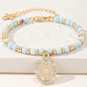 Bracciale <span class=keywords><strong>Rosario</strong></span> da Donna in Pietra Naturale Geometrica Religiosa San Juan Guadalupe Placcato Oro 14K con Perline - Regalo - Product Image 1