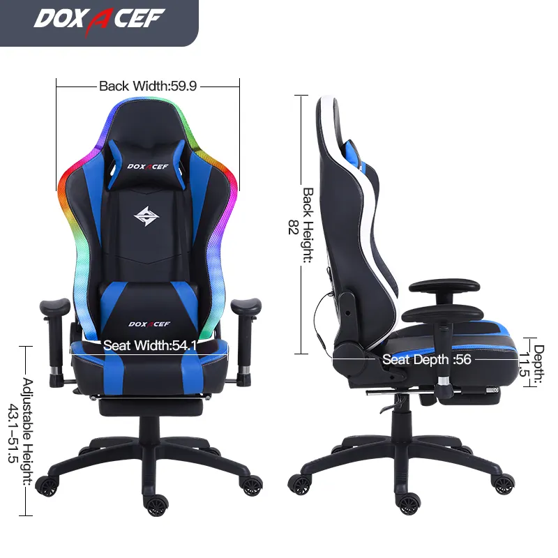 เก้าอี้เล่นเกมพร้อมไฟ LED RGB และเก้าอี้วิดีโอเกมตามหลักสรีรศาสตร์การนวดพร้อมที่วางเท้าเก้าอี้คอมพิวเตอร์ปรับเอนหลังสูง