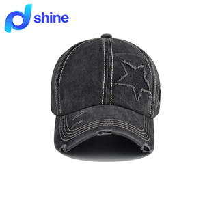 Casquette de baseball en coton délavé effet vieilli avec ouverture pour queue de cheval, broderie étoile à cinq branches, visière incurvée, style trucker pour femme - Product Image 1