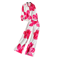 Ensemble chemise à manches longues à imprimé floral élégant et pantalon large à taille haute pour femmes, printemps-été