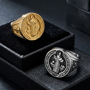 St. Benedict Medal <b>Titanium</b> Steel <b>Ring</b> Men's Cross Shape Religious Amulet Gift Jewelry - Product Image 1