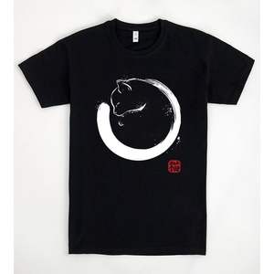 T-shirt noir Purrfect Circle avec motif de chat et caractères japonais pour hommes, femmes, vêtements unisexes - Product Image 1