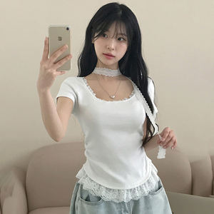 Camiseta de punto con ribete de encaje para mujer, cuello redondo, manga corta, diseño de bufanda, informal, para verano, a la moda - Product Image 3