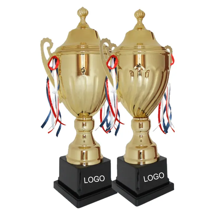 कानों के ढक्कन रहित पुरस्कार के साथ और लाल रिबन धातु खेल कप ट्रॉफी पदक पुरस्कार अनुकूलन लोगो धातु शिल्प के साथ नई ट्राफियां