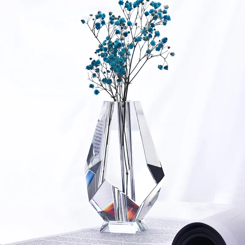Jarrón de flores de cristal K9 transparente cortado geométrico hecho a mano