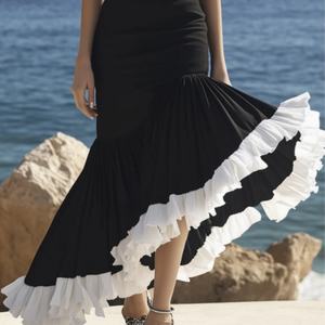 เดรสยาวทรงปล่อยชายระบาย ผ้าฝ้ายสีดำขาว ดีไซน์ใหม่สวยหรู สำหรับผู้หญิง - Product Image 3