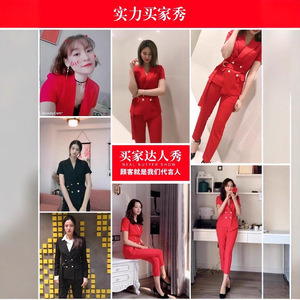 Red Women's Suit <b>Set</b> Short Sleeve <b>Blazer</b> Pants Solid Color Anti-Wrinkle Professional Attire Summer Casual Wear - Product Image 2