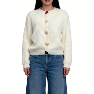 เสื้อคาร์ดิแกนถักขนฟูติดกระดุมรูปหัวใจสำหรับผู้หญิง - เสื้อสเวตเตอร์คอกลมแขนยาวทรงหลวมแฟชั่น - Product Image 3